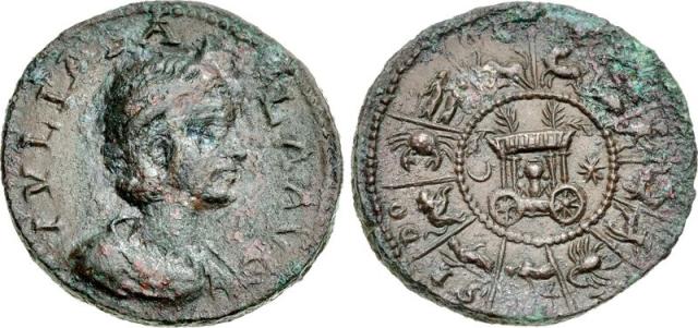 A carpentum or carruca carrying the Image of the Goddess Astarte within a zodiacal circle. (~219-220 CE)