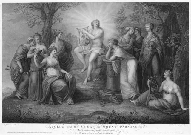 "Apollo and the Muses on Mount Parnassus" by Francesco Bartolozzi after Ludwig Guttenbrunn. (1800)

Rijksmuseum, CC0, via Wikimedia Commons. Cropping and color edits.