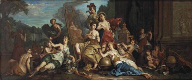 "Allegory of Apollo and Minerva bestowing optical instruments to benefit the Arts" by Ludovicus Rijsbrack (1717).

Ludovicus Rijsbrack , Public domain, via Wikimedia Commons.
