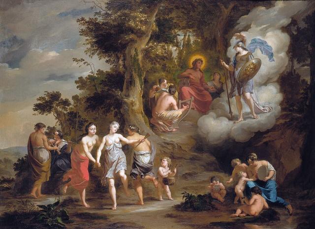 "Pallas Athene Visiting Apollo on the Parnassus" by Arnold Houbraken (1703).

Arnold Houbraken, Public domain, via Wikimedia Commons.