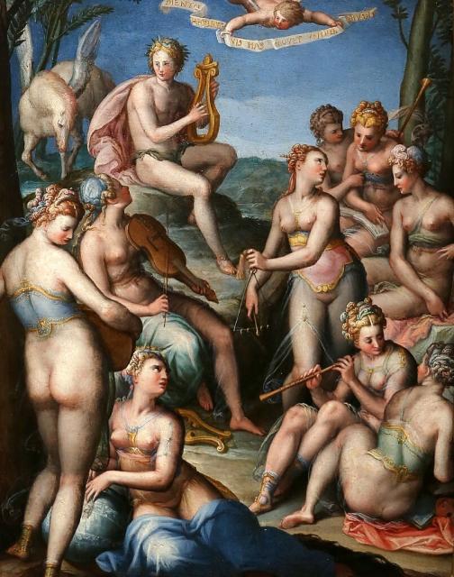 "Apollo and the Muses" by Giovan Battista Naldini (~1580-1585) at the Museo Borgogna (Vercelli).

Sailko, CC BY 3.0, via Wikimedia Commons.