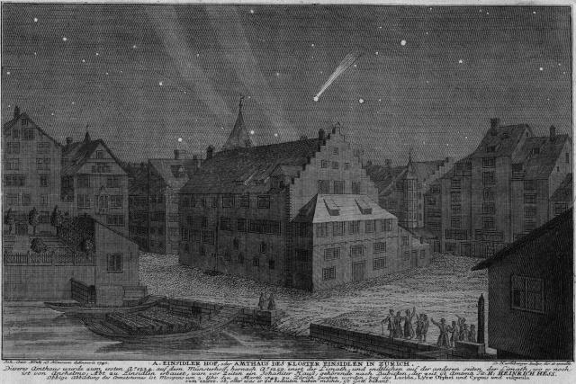 "New Einsiedlerhof and Old Square at the Schifflände with the Comet seen on March 9, 1742, in the morning at 3 AM."

Anonym/e Künstler/in Herrliberger, David, Hans Conrad Nözli, Friedrich Steinfels (früherer Eigentümer), Public domain, via Wikimedia Commons. Color and cropping edits.