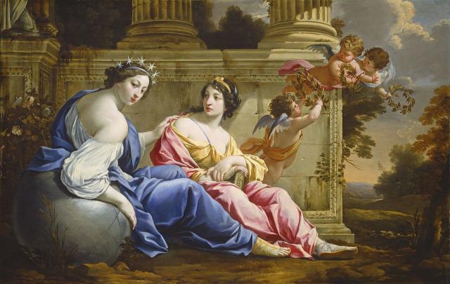 "The Muses Urania and Calliope" by Simon Vouet (1634).

Simon Vouet and workshop, Public domain, via Wikimedia Commons.