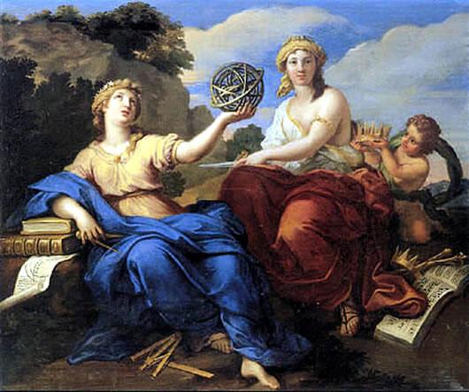 "Urania and Melpomene" by Louis de Boullogne (~1680-1681).

Higher quality at Gallerix: https://gallerix.org/album/Versailles/pic/glrx-1910677385

Louis de Boullogne, Public domain, via Wikimedia Commons.
