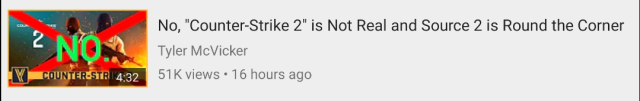 A picture of a Tyler McVicker video called "No, "Counter-Strike 2" is Not Real and Source 2 is Round the Corner"