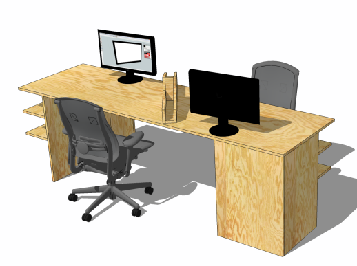 3D rendering of a wooden desk that could fit two. There are screens on top and two office chairs