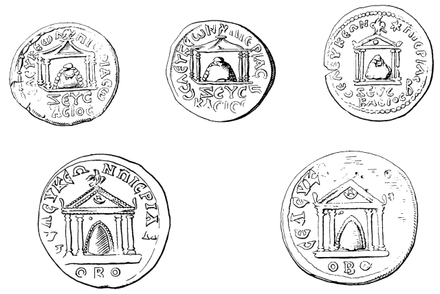Figures 880-884 showing cult object at the Temple of Zeus Kasios from "Zeus: A Study in Ancient Religion" by Arthur Bernard Cook (1914).