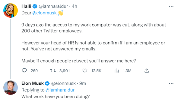 Tweet from Halli: Dear 
@elonmusk
 👋

9 days ago the access to my work computer was cut, along with about 200 other Twitter employees.

However your head of HR is not able to confirm if I am an employee or not. You've not answered my emails.

Maybe if enough people retweet you'll answer me here?

Reply tweet from Elon:
Replying to 
@iamharaldur
What work have you been doing?