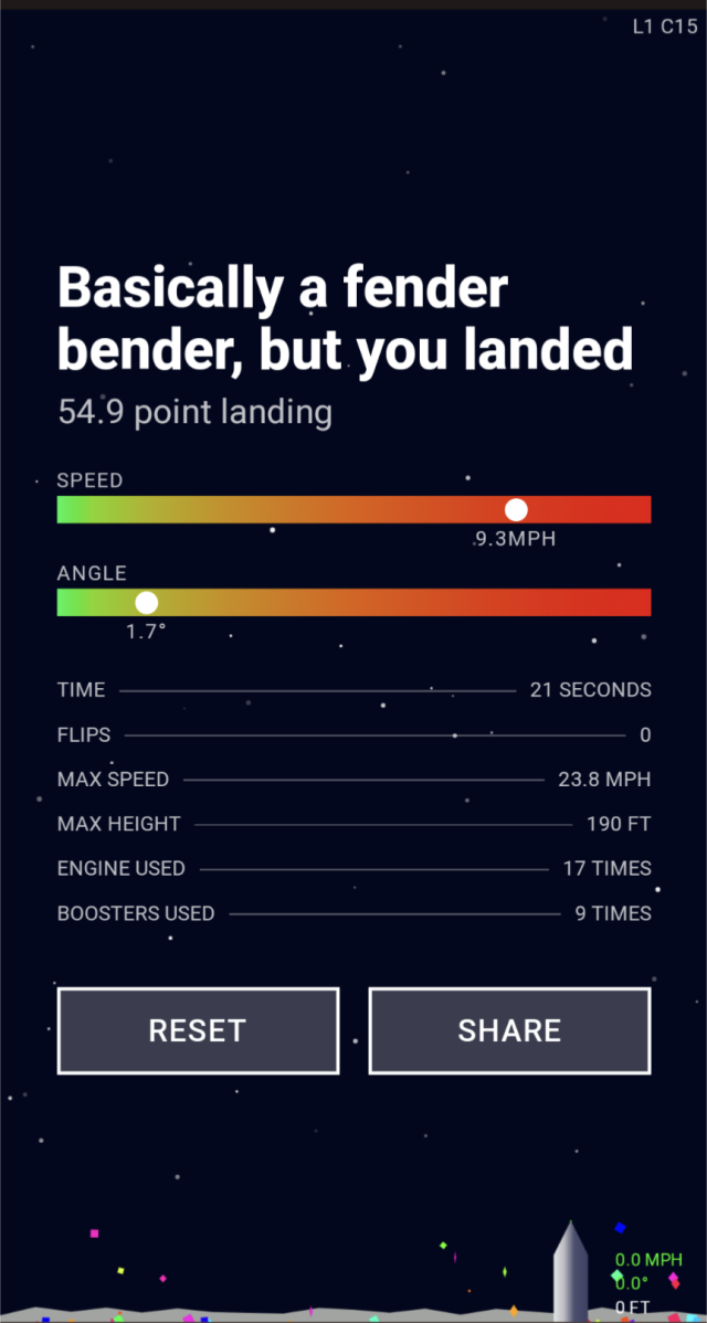 Screenshot of a successful landing of the lander in the lander landing game