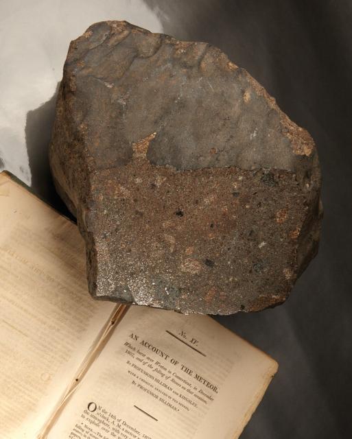 A large piece of the Weston Meteorite that fell in Connecticut, USA on December 14, 1807.

Courtesy of the Peabody Museum of Natural History; Open Access, publicdomain/zero/1.0; Mineralogy and Meteoritics, Yale University; https://collections.peabody.yale.edu/search/Record/YPM-MIN-100375