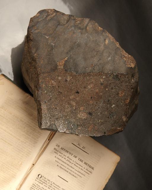 A large piece of the Weston Meteorite that fell in Connecticut, USA on December 14, 1807.

Courtesy of the Peabody Museum of Natural History; Open Access, publicdomain/zero/1.0; Mineralogy and Meteoritics, Yale University; https://collections.peabody.yale.edu/search/Record/YPM-MIN-100375