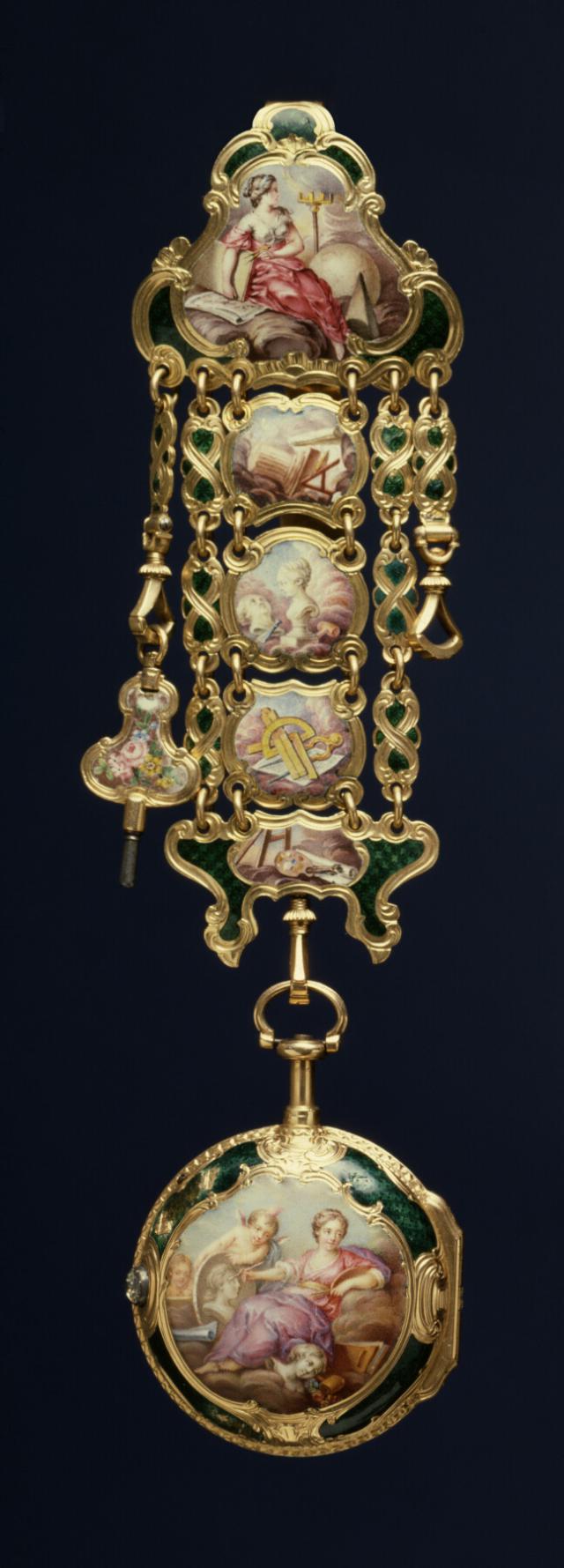 "Chatelaine and Watch."

"Appearing on the sections of the enameled chatelain in descending order are the Muse Urania; emblems of architecture, sculpture, drawing, and painting; and the Muse Calliope. On the watch case, the enamel shows a woman with arm extended as she paints a portrait of a man on an oval medallion. She is surrounded by amorini."