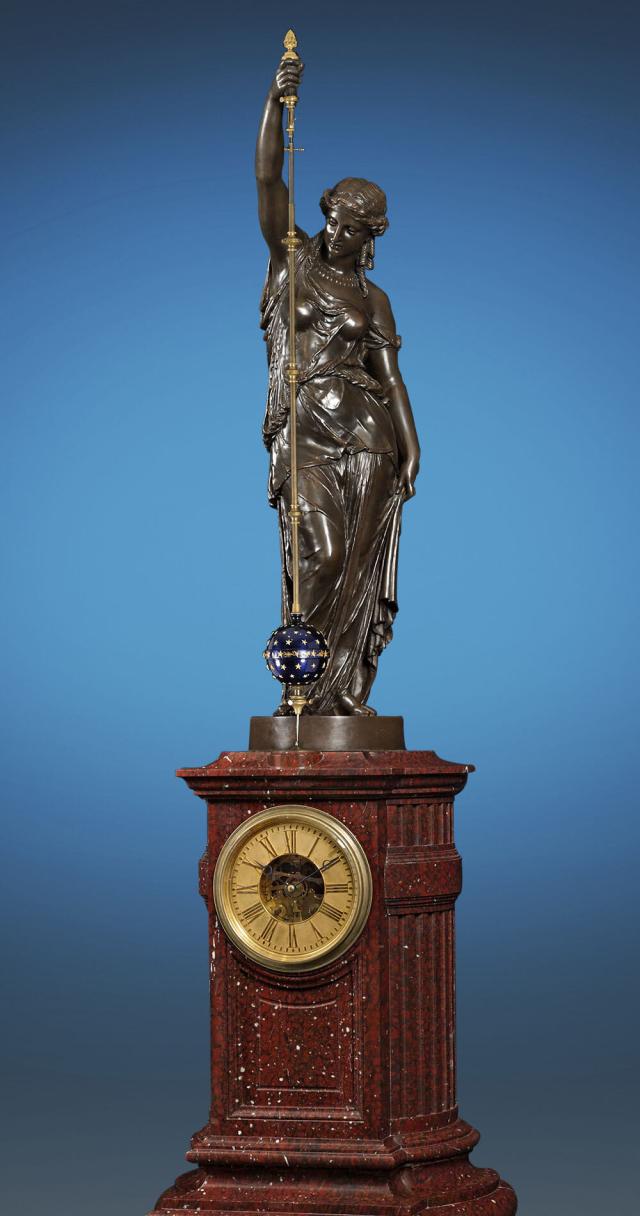 "Sculpture of Urania by Carrier Belleuse atop conical mystery clock by Eugéne Farcot. Made for Great London Exhibition of 1862"

Rauantiques, CC BY-SA 4.0, via Wikimedia Commons.
