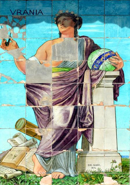 "Urania" by Eugène Gluck (painter) et Théodore Deck (ceramist).

ASSOCIATION BRONDEAU DE SENELLES, CC BY-SA 4.0, via Wikimedia Commons. Cropping and color edits.