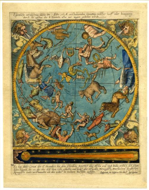 A map of the celestial globe with a comet below; the comet's position is indicated through the month of December 1618.

British Museum, Public domain, via Wikimedia Commons.