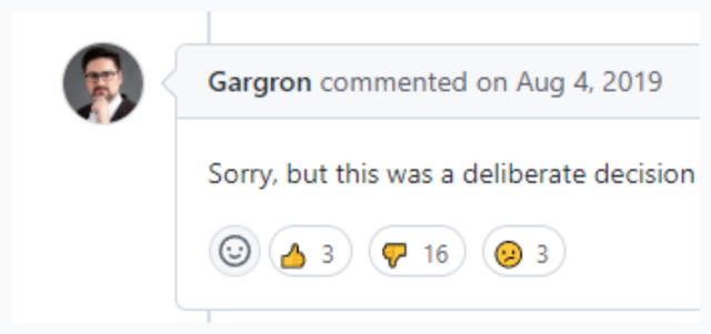 Gargron saying "Sorry but this was a deliberate decision"