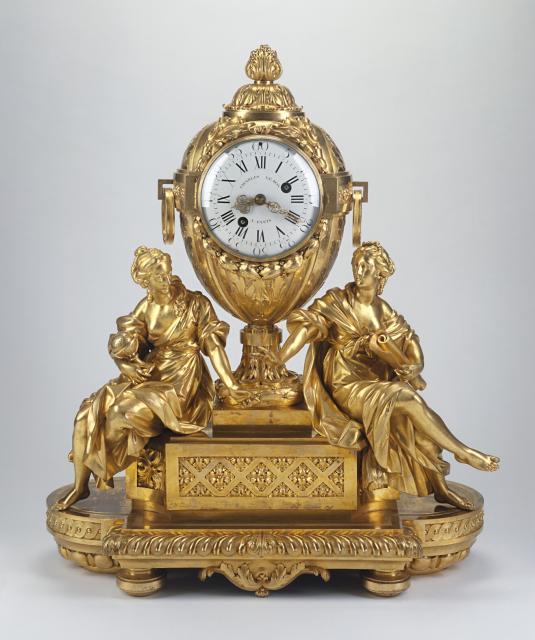 "Mantle Clock; to the left, a female figure representing Astronomy sits with a celestial globe, while on the right, Geography holds a loosely rolled map." (~1772)

Clock movement by Étienne-Augustin Le Roy and Case by Etienne Martincourt.

Public Domain via The J. Paul Getty Museum, Los Angeles, 73.DB.78