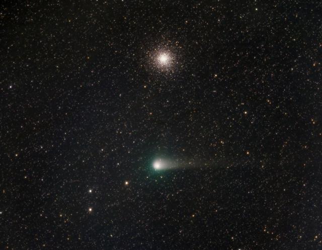 Comet C2017 K2 (PANSTAARS) with M10 on July 16, 2022.

Raysastrophotograhy, CC BY-SA 4.0, via Wikimedia Commons.