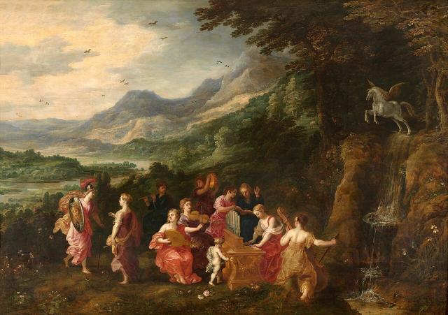 "Minerva visits the Muses" (early 1600s). Hendrick van Balen painted the figures, Joos de Momper the landscape and Jan Brueghel the flowers.

Hendrick van Balen the Elder, Joos de Momper, Jan Brueghel the Elder, Public domain, via Wikimedia Commons.