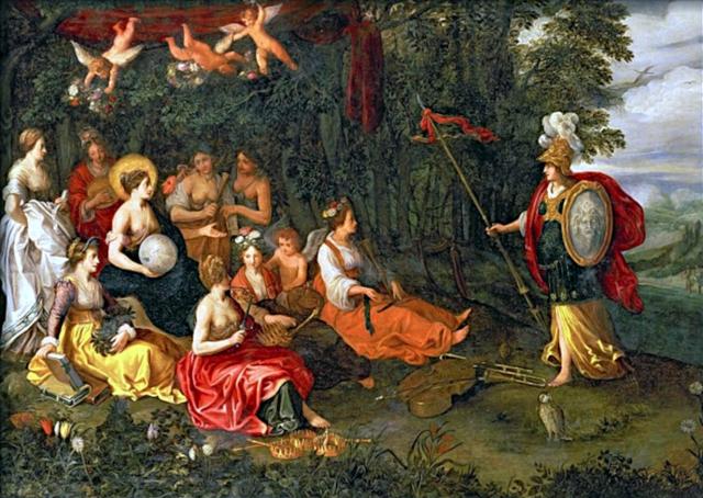 "Minerva Visiting the Muses on Mount Helicon" by Hans Jordaens 3rd (1600s).

Hans Jordaens 3rd, Public domain, via Wikimedia Commons. Color edits.