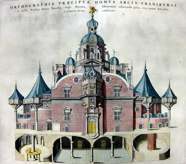 "Orthographia Praecipuae Domus Arcis Uraniburgi" from "Tycho Brahe" by Tycho Brahe and Joan Blaeu (1659).

Library & Archives @ Royal Ontario Museum CC BY-NC-SA 2.0 via Flickr: https://flic.kr/p/effJRC

Color edits, transformations, and cropping.