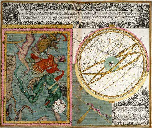 A Comet that appeared in 1742, with Observations from March 13 to April 15.

Matthäus Seuttetre, Public domain, via Wikimedia Commons. Color edits.