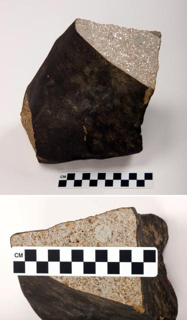 A fragment of the New Concord Meteorite that fell on May 1, 1860 in Ohio, USA.

Courtesy of the Peabody Museum of Natural History; Open Access, publicdomain/zero/1.0; Mineralogy and Meteoritics, Yale University; https://collections.peabody.yale.edu/search/Record/YPM-MIN-100378

Color edits.