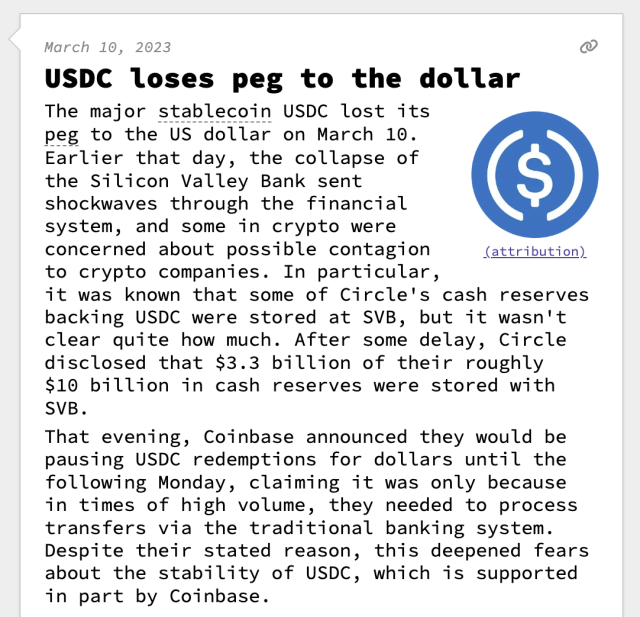 USDC loses peg to the dollar

The major stablecoin USDC lost its peg to the US dollar on March 10. Earlier that day, the collapse of the Silicon Valley Bank sent shockwaves through the financial system, and some in crypto were concerned about possible contagion to crypto companies. In particular, it was known that some of Circle's cash reserves backing USDC were stored at SVB, but it wasn't clear quite how much. After some delay, Circle disclosed that $3.3 billion of their roughly $10 billion in cash reserves were stored with SVB.
That evening, Coinbase announced they would be pausing USDC redemptions for dollars until the following Monday, claiming it was only because in times of high volume, they needed to process transfers via the traditional banking system. Despite their stated reason, this deepened fears about the stability of USDC, which is supported in part by Coinbase.