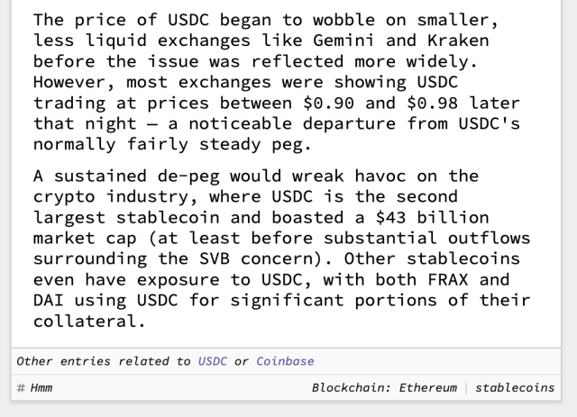 The price of USDC began to wobble on smaller, less liquid exchanges like Gemini and Kraken before the issue was reflected more widely. However, most exchanges were showing USDC trading at prices between $0.90 and $0.98 later that night — a noticeable departure from USDC's normally fairly steady peg.

A sustained de-peg would wreak havoc on the crypto industry, where USDC is the second largest stablecoin and boasted a $43 billion market cap (at least before substantial outflows surrounding the SVB concern). Other stablecoins even have exposure to USDC, with both FRAX and DAI using USDC for significant portions of their collateral.