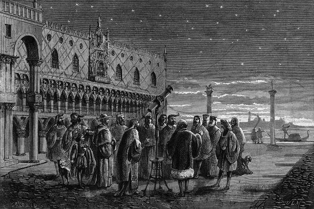 "Galileo with his telescope in the Piazza San Marc."

Wellcome Collection, CC BY 4.0, via Wikimedia Commons. Cropping and color edits.