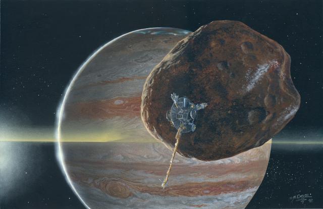 "Artist's concept of Galileo passing near Jupiter's small inner moon Amalthea." (2002)

NASA/JPL/Michael Carroll, Public domain, via Wikimedia Commons.