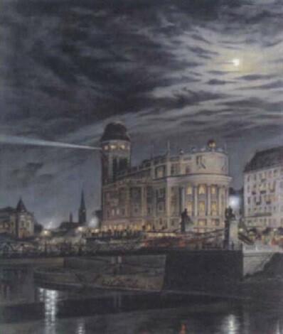 "Night over the Urania, Vienna" by Fritz Gareis the Younger (1900).

Fritz Gareis the Younger, Public domain, via Wikimedia Commons.