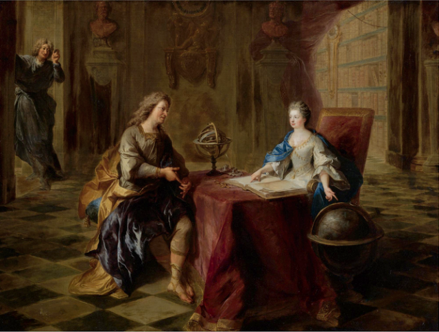 "Astronomy Lesson of the Duchesse du Maine [Louise Bénédicte de Bourbon] at the Château de Sceaux," by François de Troy (~1702-1705).

François de Troy, Public domain, via Wikimedia Commons.