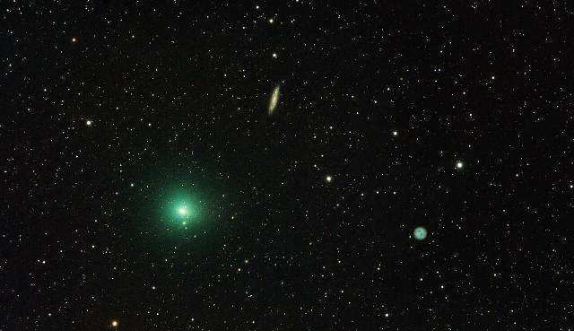 "Comet 41P/Tuttle-Giacobini-Kresak on March 22, 2017 near Messier 108 and Messier 97 (Owl 🦉 Nebula)."

Kees Scherer, CC0, via Wikimedia Commons.