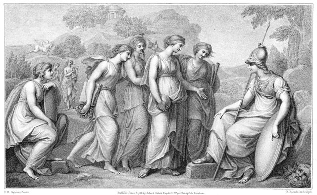 "Minerva and the Muses" by Francesco Bartolozzi (1788).

Francesco Bartolozzi RA, 1728–1815, Italian, active in Britain (1764–99), Minerva And The Muses, 1788, Stipple engraving and line engraving, Yale Center for British Art, Paul Mellon Collection, B1977.14.19777.

Color and cropping edits: https://collections.britishart.yale.edu/catalog/tms:38117