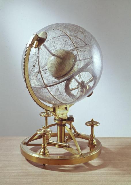 Glass Celestial Globe (diameter 12 inches) made in London. Glass Engraved by John Cowley, 1739. Broken and repaired. Terrestrial Globe at center made by Malby in 1897.

Science Museum Group CC BY-NC-SA 4.0 via English glass celestial globe, 1739. 1913-531 Science Museum Group Collection Online. https://collection.sciencemuseumgroup.org.uk/objects/co56494/english-glass-celestial-globe-1739-celestial-globe-transparent-celestial-globe-terrestrial-globe