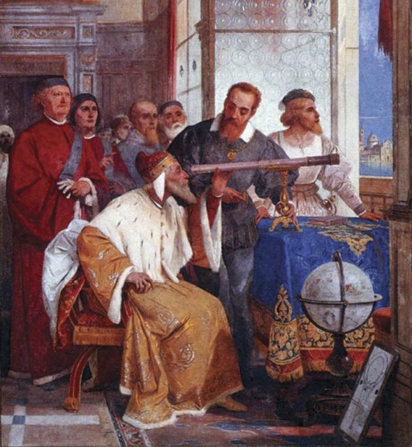 "Galileo Galilei showing the Doge of Venice how to use the Telescope" by Giuseppe Bertini (1858).

Giuseppe Bertini, Public domain, via Wikimedia Commons.