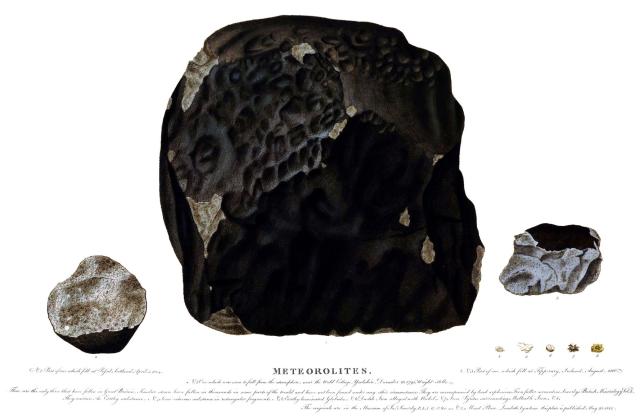 "Meteorolites" by James Sowerby (1856).

1. Wold Cottage, Yorkshire

2. High Possil, Scotland

3. Tipperary, Ireland

The Trustees of the British Museum Item 1613549078, released as CC BY-NC-SA 4.0 via Wikimedia Commons. Color and Cropping edits.