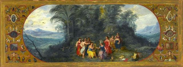 "Balen Minerva among the Muses" by Hendrick van Balen the Elder and Lucas van Uden (~1620s).

Hendrick van Balen the Elder, Public domain, via Wikimedia Commons. Color edits.