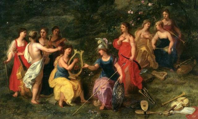"Balen Minerva among the Muses" by Hendrick van Balen the Elder and Lucas van Uden (~1620s).

Hendrick van Balen the Elder, Public domain, via Wikimedia Commons. Color edits.