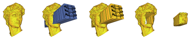 A picture from www dot cgal dot org of David Michelangelo being bool'd many times with a prefab shipping container