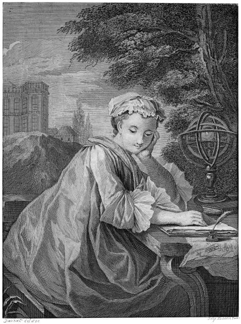 "A young woman, seated outdoors, with an armillary sphere or similar instrument, looking pensive," by E. Jeaurat.

Wellcome Collection, Public Domain via https://wellcomecollection.org/works/yzr7c7vy

Color and cropping edits.