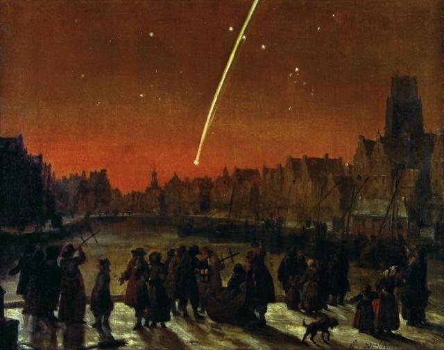 "Tail-Star (Comet) over Rotterdam" by Lieve Verschuier (1680).

Lieve Verschuier, Public domain, via Wikimedia Commons.