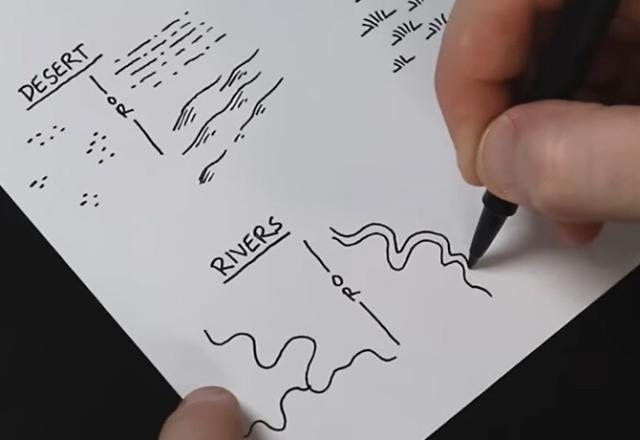 screenshot from the OP's linked videos of how to hand draw treasure maps depicting desert or river terrain