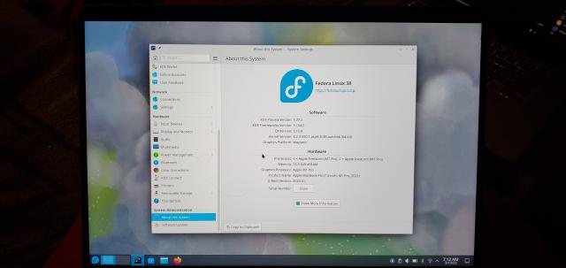 The M1 MacBook Pro shows it upgraded to Fedora Linux 38 with KDE Plasma Desktop 5.27.2.