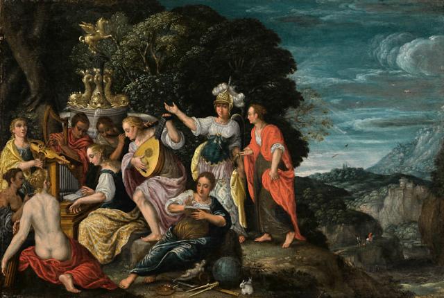 "Minerva Visiting the Muses on Mount Helicon," by Johann König (~1620).

Johann König, Public domain, via Wikimedia Commons. Color and cleanups.