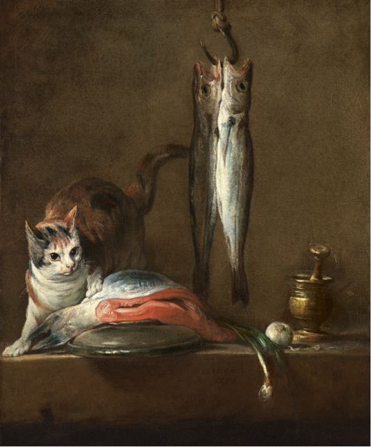 John Baptiste Simin Charden's "Still Life With Cat and Fish (1728)" of a calico cat standing defiantly on top of a gutted fish