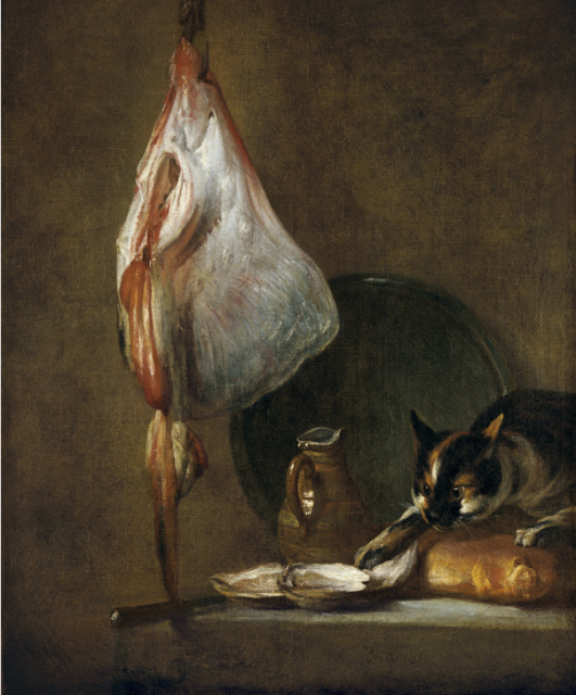 Another painting by Jean Baptiste Simeon Chardin, "Still-Life With Cat and Rayfish (1728)" of a hanging piece of meat with a little cheese on a plate and a defiant looking cat is gently touching it with his paw, about to steal it 