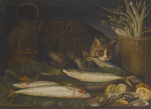 Giovanni Rivalta's "Still Life with a Cat and a Mackeral," (can't find a date for it but he lived between 1756–1832), a cat stealing a fish from a display of fish and cut lemons and oysters. the cat knows it's doing wrong and has been caught and cares naught, he's about to have a fish dinner. you can just feel someone going "no! no! you better not!" in vain 