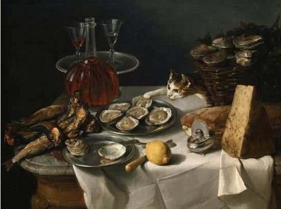 Alexandre-Francois Desportes's "Still Life with Cat (1705)" of a beautiful spread of roasted fish and oysters and cheese and wine goblets and a cat sneaking up to gently touch and grab an oyster 